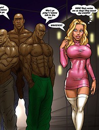 A cute blonde was walking late at night when she met black horny men with humongous cocks.