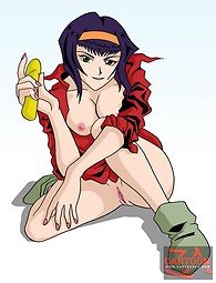 Two meaty shafts and a big dildo for sexy Faye Valentine from Cowboy Bebop