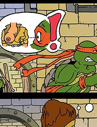 April O'Neil showing her big breasts and giving handjob to Raphael and Donatello comics