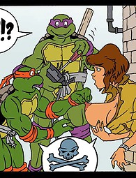 April O'Neil showing her big breasts and giving handjob to Raphael and Donatello comics