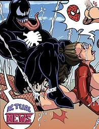 Venom es el coger un periodista, exponiendo sus grandes tetas y el coño en vivo