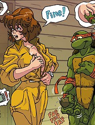 Desirable reporter is wanking off mutant ninja turtle`s dick and showing her great tits