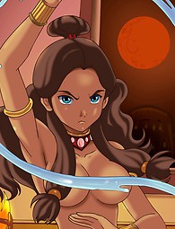 Katara exposer ses seins et la chatte dans la baignoire, montrant ses pouvoirs nu et être violée