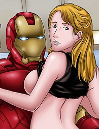 Tony Stark making sex with Black Widow and Pepper Potts, Widow sucking his cock