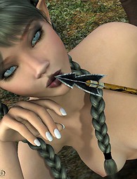 Sexy archer girl strips and poses specially for lustful spectators.