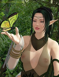 Charming elf girl chants and dances in the green forest.