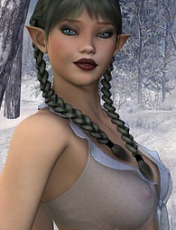 Charming elf girl with hot nipples and transparent outfit posing in the winter forest.