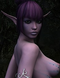 Una niña elfo desnuda camina por el bosque brumoso de encontrar algo que ella desea.