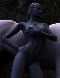 A hot naked girl sits on a beautiful unicorn, which is known as the symbol of innocence.