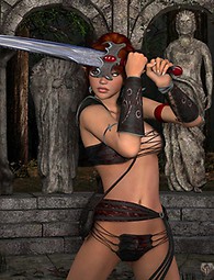 Hottest warrior girls posing with swords in front of the mountains.