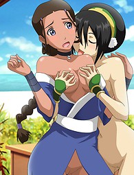 Fantastic slut Katara in BDSM sex with three guys, tied up and gettin cum on her pussy, petting with fully nude Toph Beifong and fucking with Sakura from Naruto with double dildo