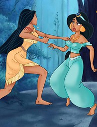 Putas Disney actuando sexy y agresiva. Pocahontas atractivos combates despojados con caliente Jasmine.