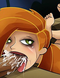 Hungry slut Kim Possible takes a big cock deepthroat and makes it cum on her nice small titties.