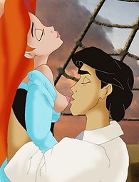 Young Ariel has romantic sex with prince on the board of the ship.