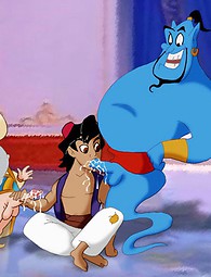 Genie having sex with Sultan and Aladdin at once, Sultan sucking dicks and doing handjob