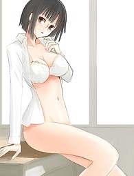 Anime girls sexy desnuda y pelar. Chica caliente con su traje de baño mojado aferrándose a las curvas de su cuerpo.