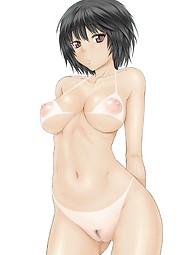 Anime girls sexy desnuda y pelar. Chica caliente con su traje de baño mojado aferrándose a las curvas de su cuerpo.